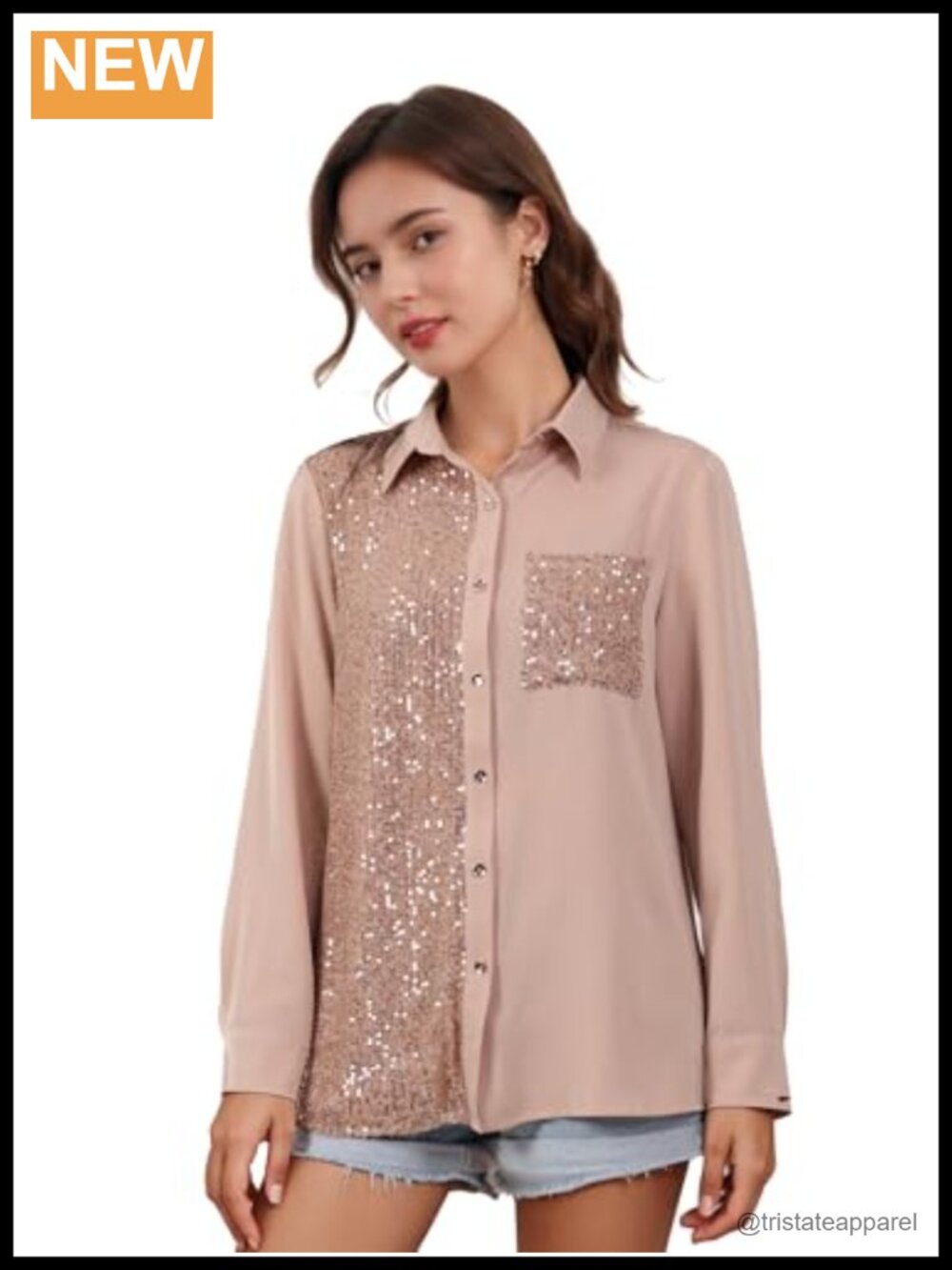 Sequin Long Sleeve Button Down Shirt Sparkle Tunic Top Women Party Blouse